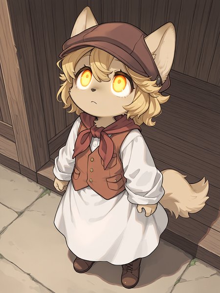 masterpiece, best quality, (absurdres), (highest quality), amazing quality, very aesthetic, no humans,
BREAK, <lora:Mei_Marzipan_Illustrious_V1:1>, mei marzipan, fuga: melodies of steel, kemono, furry female, 1girl, child, beige fur, blonde hair, yellow eyes, dog girl, animal ears, dog tail, dog ears,
BREAK, fuga 2 outfit, boots, dress, red scarf, vest, hat,
BREAK, full body, sunny, outside, standing, determined, serious, wide eyes, high angle view, looking up, glowing eyes,