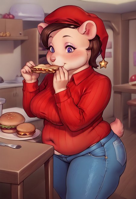 Chubby anrhropomorphic Hamster wearing red striped shirt and jeans and red truckers cap eating hamburger on wooden table, shallow depth of field, realistic