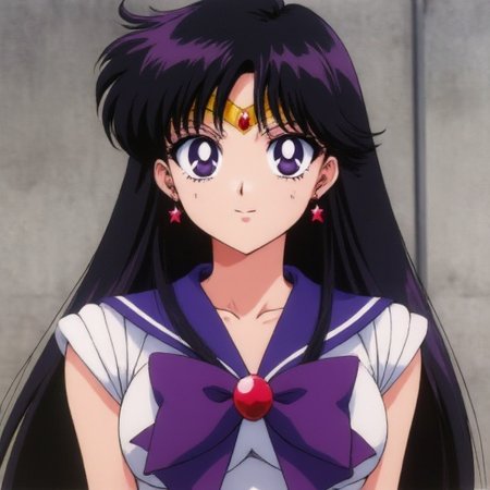 accented by a large purple bow. The golden tiara with a red gemstone glows slightly. Hands are positioned in a defensive stance, exuding quiet confidence., with an aura of discipline.