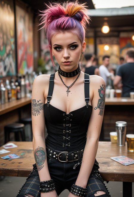 ((fashion photography)), perfect face, perfect eyes, (medium full shot) of  (lovely punk) young woman, american, hazel eyes, light tan skin, petite, wearing a black corset top with lace-up detailing,plaid pants,knee-high combat boots, rainbow-colored hair, cone hair bun, labret piercing, bold winged eyeliner,studded belt, set in  a grungy punk bar, hidden beneath the city streets, with walls covered in graffiti tags, punk band stickers, and torn concert posters, Punks gather around battered tables, swapping stories and sharing drinks, while bartenders with wild hair and ripped shirts pour pints of beer and mix up cocktails with a rebellious flair , at sunset, smiling at the viewer, masterpiece, best quality, photorealistic, very aesthetic