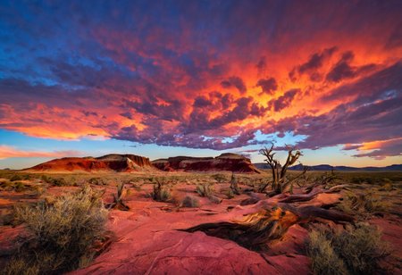 Majestic jagged rocky mountains, red mesas, wind eroded colorful rock formations, beautiful evening sunset, (petrified forest national park:1.25), arizona, <lora:Earth35:0.4>