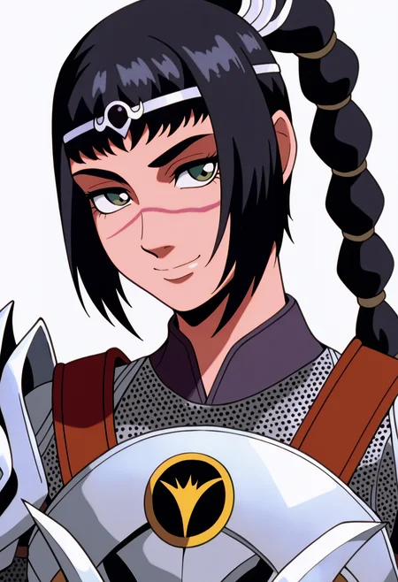 best quality, amazing quality, very aesthetic, absurdres,
BREAK
1girl, solo, shadowheart, black hair, braided ponytail, green eyes, scar on face, circlet, armor,
smile, looking at viewer, upper body, simple background, white background, <lora:ShadowHeartIllustrious_byKonan:0.8>,   <lora:GundamWingNoobLocon_byKonan:1>