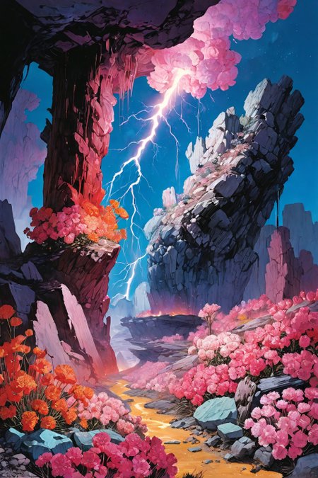Landscape,Landscape creator,Doorto other world,  A petrified forest with quartz core samples geodes erupting like fungi,  meteor showers implanting crystalline seeds, Carpets of carnations with photosensitive nano-scales, permafrost birthing gem-encrusted lichen forests, thunderless lightning tattooing the ground with gold, Art painting by Andy Warhol and yoshitaka amano , featured on greg rutkowski,,
<lora:extremely_detailed:0.7> extremely detailed ,
<lora:add-detail-xl:0.7>,
 <lora:softdigital2x2:0.15>,
 <lora:EpicF4nta5yXL:0.3>,, Magic realism painting art style, surreal compositions, vibrant colors, blurs the line between reality and fantasy