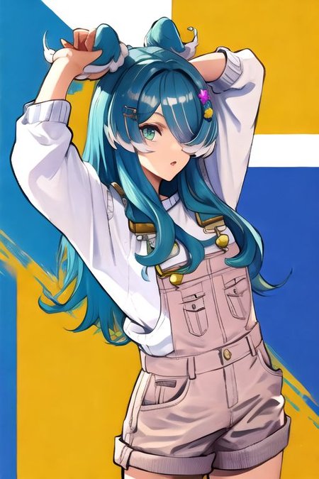 solo, 1girl, solo_focus, (((masterpiece))), ((best quality)), ((ultra-detailed)), high resolution, absurdres, highres, ultra-detailed 8k unity wallpaper, 
elira1st, long sleeves, overalls, white sweater, off shoulder, grey gloves, one eye covered, overall shorts