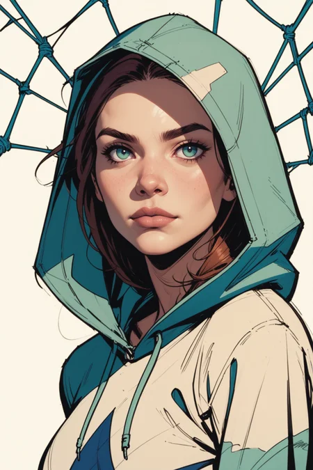 1girl, solo, looking at viewer, realistic, hood, makeup, upper body, green eyes, portrait, blue eyes, spider web print, white background, simple background, from side, lips, closed mouth, hood up, nose, <lora:Expressive_H:0.5>, score_9, score_8_up, score_8_up, a_Comic_Illustration, rough lines with ink, (drawn:1.1), (sketch:1.5), (crosshatching:1.25), (comic style:1.1), graphic novel style, sharp lines, hires, zstyle, (western comics \(style\):1.1), (hatching \(texture\):1.2), zPDXL, Mr_Monster_Possitive