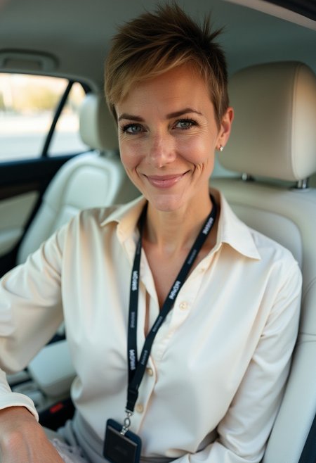 A confident, professional woman in her early 40s, wearing a press badge and lanyard, seated in a car with a white leather interior. She has a pixie haircut, light freckles, and a warm, approachable expression. She is dressed in a stylish, light-colored blouse and lace-trimmed skirt, with a wedding ring on her left hand. Her posture is casual yet professional as she looks directly at the camera, creating a close, intimate portrait in the natural daylight. The car's interior features clean, soft shadows and backlighting that highlights her face, creating a balanced and refined aesthetic.