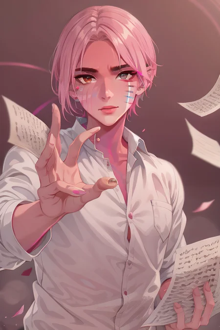<lora:Technoblade_Avatar:.7>  (masterpiece, best illustration), 1boy, solo, male focus, brown eyes, pink and blonde hair, looking at viewer, shirt, colored skin,  tusks from bottom lip, red and pink gradient face paint, dripping pink face paint, shiny skin, glittery skin,throwing papers around, papers flying, depth of field, sci fi background, extreme light and shadow, rim lighting,