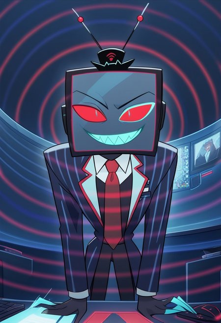 score_9, score_8_up, score_7_up,
masterpiece, best quality, detailed, amazing quality,
detailed background, office,
detailed eyes, clean eyes,
dynamic pose, sitting on desk, leaning forward,
static screens, spiral screens,
1man,
Vox, TV head, television head, rectangular Head Cyan screen, cyan screen, red sclera, blue pupils, blue teeth, tophat, TV antennas, red and black striped shirt, dark blue coat, red tie, black skin, smirk,
(hypno wave)++,
easynegative