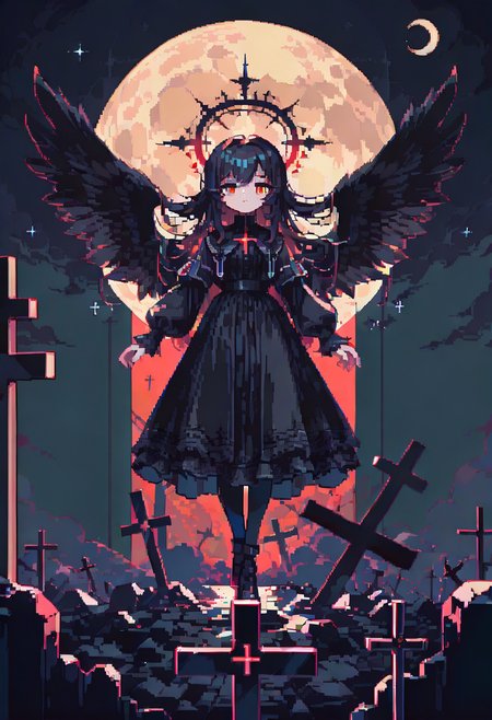 dpa,pixel art, 1girl, solo, halo, long hair, red eyes, wings, cross, dress, black hair, moon, black dress, black wings, looking at viewer, long sleeves