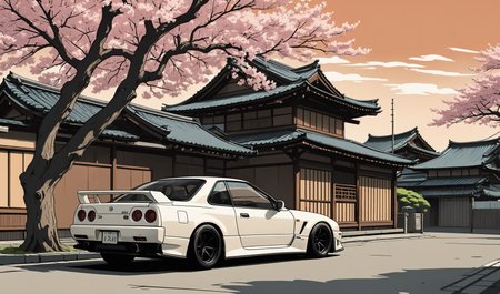 nissan r32 gtr parked in  japan village, 90s japan, front photo, 7000mm film, sakura tree, back front view, simple anime style, 2D, celshading, thick lineart, heavy black ink lines, posterized, flat color, celshading, toonshading, Cartoon Rendering, Flat Shading, Graphic Novel Style, minimal shading, flat shading, hard color shading