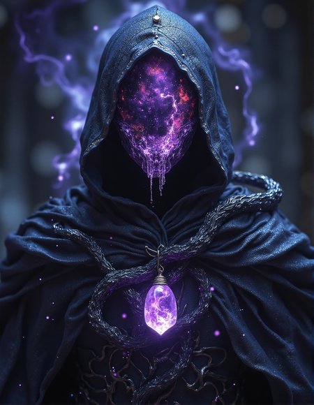 cinematic film still, A Spectra Wraith wearing a hooded cloak made of shadowy silk, with a colorful swirling galaxy void for a face. Ebon tendrils spiral around its body, adding a dynamic and ominous effect. Around its neck is an amethyst pendant glowing faintly, containing an imprisoned shadow spirit visible within. The figure stands in a powerful and badass pose, with the cloak flowing dramatically. The background features dark mist and faint cosmic energy swirls to enhance the eerie atmosphere, highly detailed, shallow depth of field, vignette, bokeh, moody, epic, gorgeous, film grain, grainy, HKMagic, aidmaMJ6.1, <lora:FantasyWizardWitchesFluxV2-000001:0.5>, <lora:aidmaMJ6.1v0.4:0.5>, <lora:Elden_Ring_-_Yoshitaka_Amano:0.4>