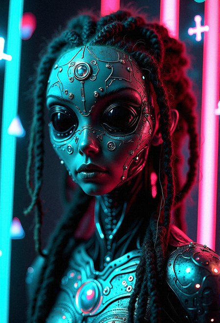 Imagine a close-up shot of a futuristic humanoid figure with an alien-like face, sculpted with intricate cybernetic plating that melds seamlessly into their skin. The face is elongated, with large, reflective black eyes that draw in the light around, creating a void-like gaze. The character's hair, styled into thick, textured dreadlocks, falls around their face and shoulders. Embedded in the hair are thin, glowing fiber-optic strands, pulsing with soft, cyan light. The cybernetic exoskeleton covering their body is a masterpiece of metalwork, with delicate engravings and symbols that hint at an unknown language or code. Surrounding the figure are neon icons—circles, triangles, crosses, and squares—that hover in mid-air, glowing in vivid pink and cyan hues. These symbols cast a subtle, colorful glow onto the figure's armor, enhancing the intricate details and giving it a retro-futuristic look. The background is dark, allowing the neon lights and metallic details to pop, creating a striking contrast that emphasizes the character’s mysterious, otherworldly essence.