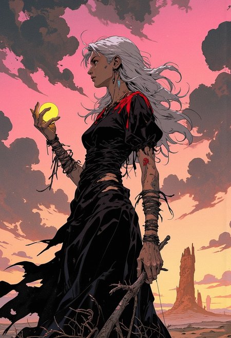 The image features an older woman with long, white hair, wearing a black dress with red detailing around the shoulder seams. The flowy dress and ripped ornaments suggest she is not wearing stockings, which are a common fashionable addition to such form-fitting wear. However, the ripped fabric could be attributed to the effect of the pinched fabric to create a flow.
She holds an item in her right hand, which resembles a desert stone or a light yellow orb, and also sports two slender branches wrapped around her wrist, resembling bracelets or a wire connection. She appears to be looking towards her left, although she is positioned facing forward.
The background shows a dusky sky with clouds blocking the sun and pink which dominates over yellow and gray throughout. The sky is mostly dark pink with scattered streaks of the grey. There are two shapes in the distance, amber-colored (on the left) and on the right side, resembling rocks in a dusty environment.
This renders a mystery as to the woman's authenticity and how to classify her. Her illuminated persona could portend prophecy of something to come. Upon further contemplation, it reveals itself more clearly that this plane is wavy with sturdy, soft brightness. These signs tend to inquire more detail to classify and pinpoint details. The figure stands remaining a stunning figure to take imagery and further in depth there stands many multi embodiment questions the reality and depth.