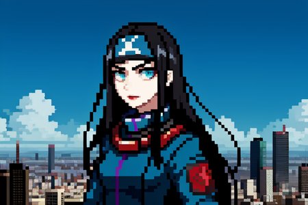 highly insanely detailed, masterpiece, top quality, best quality, highres, 4k, 8k, RAW photo, (very aesthetic, beautiful and aesthetic),  
beth_\(megami_tensei\),bethsmtii,shin megami tensei ii,long hair,black hair,straight hair,sleek black,jewelry,cross,headband,red_lipstick,katana,sword,Tokyo_Millennium,post-apocalyptic_city,dystopian_world,Holytown,Religious_center,church_district,Great_Cataclysm,World_ending_event,apocalyptic_disaster,city_rebirt, 
<lora:zs_Beth:0.3>, 
(1girl:1.3), 1other, 
blue background,âââ
