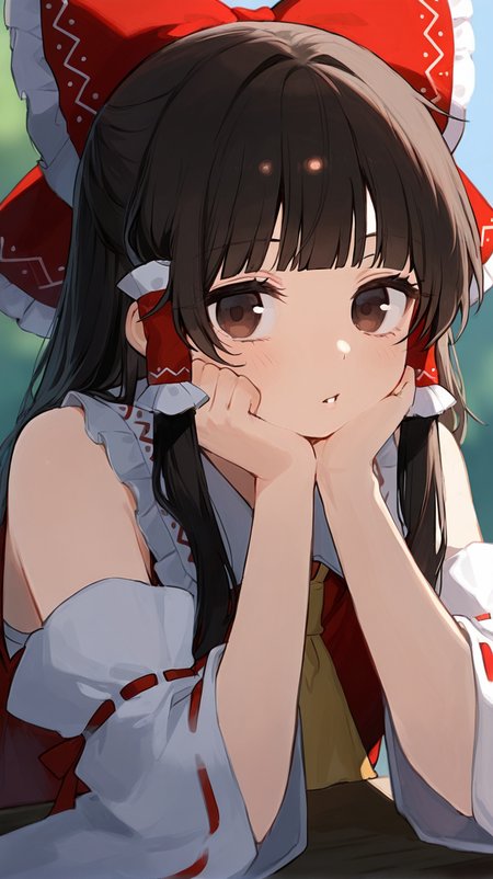 hakurei_reimu, 1girl, solo, long_hair, looking_at_viewer, blush, bangs, black_hair, brown_eyes, upper_body, sidelocks, frills, parted_lips, japanese_clothes, blunt_bangs, blurry, depth_of_field, blurry_background, hair_tubes, hand_on_own_face, head_rest, hand_on_own_cheek, frilled_hair_tubes