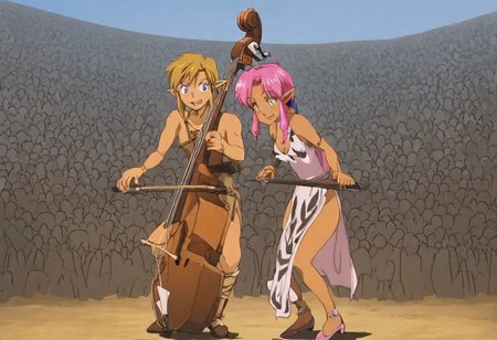 Pink_DragonPink, 1girl, sleeveless dress, white tiger print dress, pelvic curtain, cleavage, white tiger tail, red sash, small breasts, leather shoes, masterpiece, very aesthetic, smiling wide, showing teeth, <lora:pink-illustrious:1>, 
Break
1boy,Anime screencap,link (zelda),blonde hair,blue eyes,pointy ears, low ponytail, sidelocks, wearing blue hyilian tunic, playing ocarina 
Break
On a raised medieval stage, in front of a large crowd, pink_dragonpink playing contrabass, holding a bow, doublebass, instrument, bow_(music), Link plays an ocarina beside her,