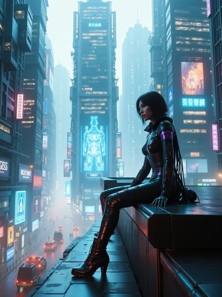 mad-cbrpnkscnr,woman wearing futuristic clothes and sitting the roof of a highrise on the right side looking down on the street, holographic advertisement,people wearing futuristic clothing, cyberpunk, facing viewer, straight on, looking at viewer  <lora:Neon_Cyberpunk_Streets_FLUX:0.8>