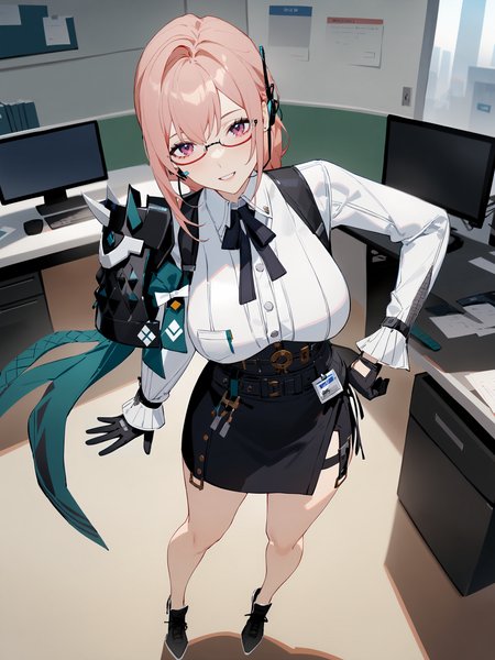 1girl, tsukishiro yanagi, solo, glasses, black gloves, high-waist skirt, high heel sneakers, white collared shirt, single pauldron, earpiece, harness, neck ribbon, hand on hip, looking at viewer, light smile, standing, full body, office, indoors, blurry background <lora:Char-ZZZ-Yanagi-SDXL-V1:0.9>, masterpiece, best quality, very aesthetic, ray tracing, newest, (hitenkei, askzy:0.5), [<lora:detailed_notrigger:0.95>::0.5]
