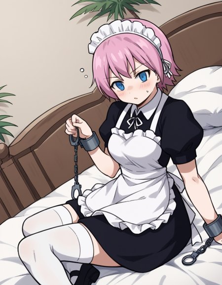 score_9, score_8_up, score_7_up, source_anime, <lora:fairytail-virgo-s7-ponyxl-lora-nochekaiser:1>,, maid virgo, short hair, bangs, blue eyes, pink hair, thighhighs, dress, short sleeves, shoes, puffy sleeves, black footwear, apron, black dress, white thighhighs, puffy short sleeves, zettai ryouiki, maid, maid headdress, white apron, maid apron, cuffs, enmaided, handcuffs,, indoors, bed, bed room, on side, blush, drunk,, , , hand palm facing up, solo,, cowboy shot, dutch angle