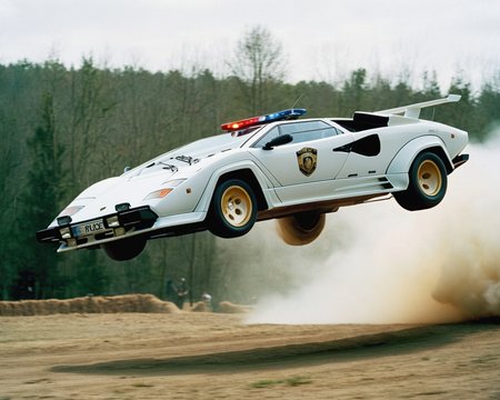 analog film photo car rally magazine photograph of a (police Lamborghini Countach:1.4) (((rally car))) jumping, big air time, rally jump, action motion blur dust LP5000 <lora:add-detail-xl:2> <lora:LP5000-SDXL-V1.2:1>, (police lights on the roof, searchlights on roof:1.3) . faded film, desaturated, 35mm photo, grainy, vignette, vintage, Kodachrome, Lomography, stained, highly detailed, found footage