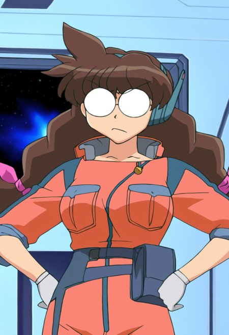 high quality, highres,
1girl, parfet balblair, solo,smlong hair, breasts,  brown hair, gloves, glasses, white gloves, round eyewear, opaque glasses,   jumpsuit, space, indoors,angry, hands on hips,