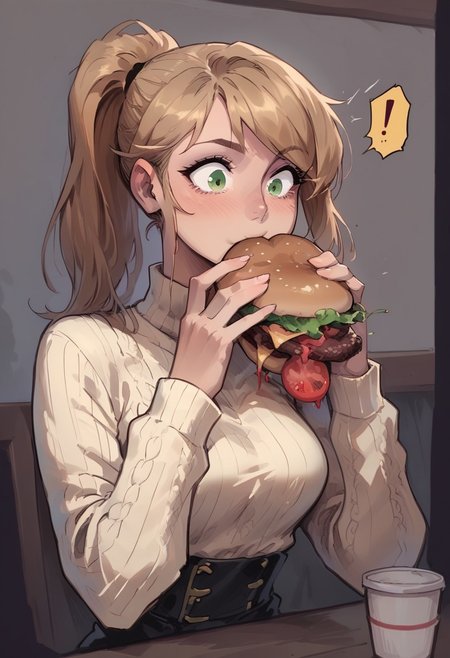 s  score_9, score_8_up, score_7_up,1girl, cute girl, sandy blonde hair, swept bangs, green eyes, ponytail hair, medium breasts, fit, thin waist, skinny, white wool sweater, restaurant, mcdonald's, surprised, dutch angle, spoken_exclamation_mark, eating cheeseburger, burger malfunction, tomato,messy,bacon,ketchup,