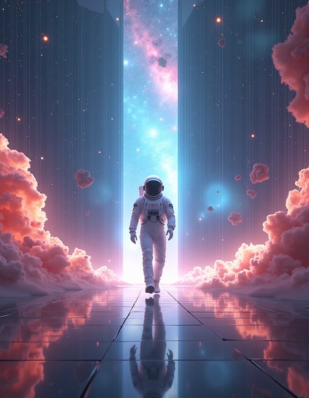 An ethereal, detailed digital illustration of an expansive, futuristic teleportation chamber. The center stage is a sleek white astronaut in a sleek, futuristic suit, stepping into a radiant radiant light that engulfs the space around it. The backdrop of a galaxy of swirling gas and dust, with a kaleidoscope of colors, sets a kaleidoscope of light and space., extremely stylish, cool colors, cinematic atmosphere, enhanced quality