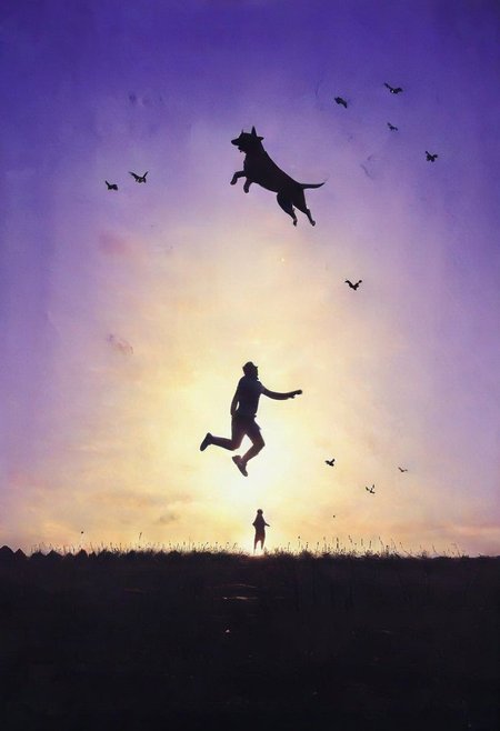 F-B-C, silhouette, foreground: dog head mouth open, background: man jumping, effect: man jumping into the dog's mouth
