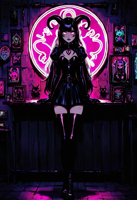 (masterpiece, best quality, good quality, very aesthetic, absurdres),    1girl, solo, eyelashes, (beautiful eyes),   pink neon, goth,   glowing eyes, neon lights, 1girl, devil, horns, latex, full body, demon, painting,   ,<lora:GothRetroNAI:0.8>,