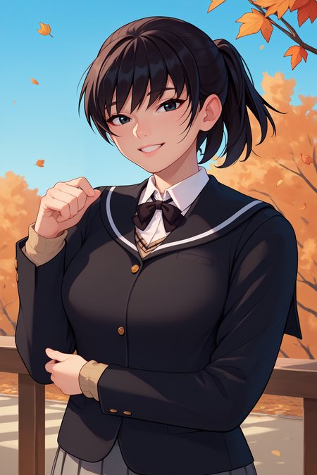 score_9, score_8_up, score_7_up, score_6_up, source_anime, 1girl, solo,  <lora:tsukaharahibiki-pdxl-nvwls-v1-000005:1> amagamiHT, black hair, ponytail, black eyes, black blazer, black sailor collar, collared shirt, neck ribbon, grey skirt, pleated skirt, big breasts, upper body, portrait, blue sky, autumn, looking at you, happy