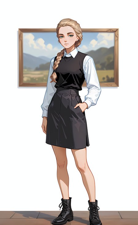 concept art masterpiece, ultra-HD, impressionism (1.5), high detail, depth of field, white background, looking at viewer, footwear,
katyastik, 1girl, solo, long hair, braid, blonde hair, jewelry, earrings, single braid, green eyes, single braid, stud earrings, 
shirt,  white shirt, long sleeves,  stud earrings, vest, collared shirt, black vest, short  skirt,
disheveled hair, cross-laced footwear, Stands straight, hand in pocket, zoom out, standing
<lora:NOOB_vp1_detailer_by_volnovik_v1:1.4> <lora:DarkerThanBlackIllustrious:1> <lora:katyastik00001:1> . digital artwork, illustrative, painterly, matte painting, highly detailed