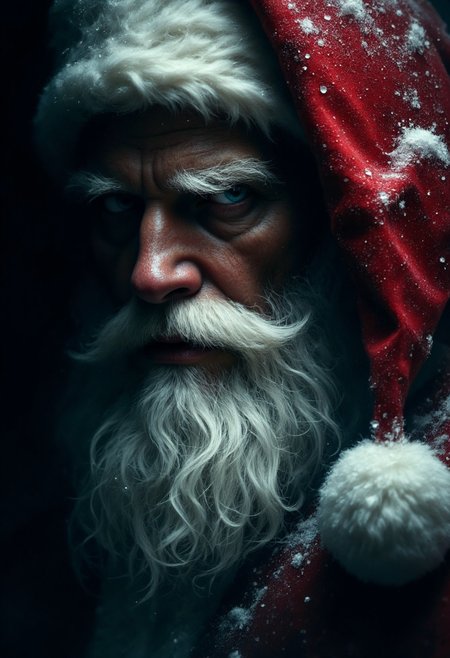 A Santa Claus in a dramatic, chiaroscuro-style. One side of his face is dimly lit while the other half is obscured in deep dark shadow. His expression is mysterious while his eyes seeming to hold untold secrets. Deep shadows obscure his face and his crimson hatâs fur trim is faintly visible against the darkness. Framed in a vortex of snow and shadow.