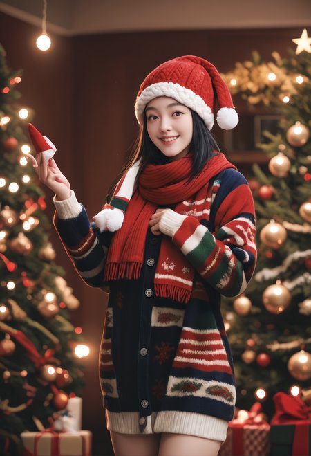1girl,,ruanyi1386,beanie,striped clothes,red scarf,christmas,standing,thigh gap,christmas tree,blurry background,smile,<lora:1386 christmas_v1_pony:1>, score_9,score_8_up,score_7_up,,8k,solo,,