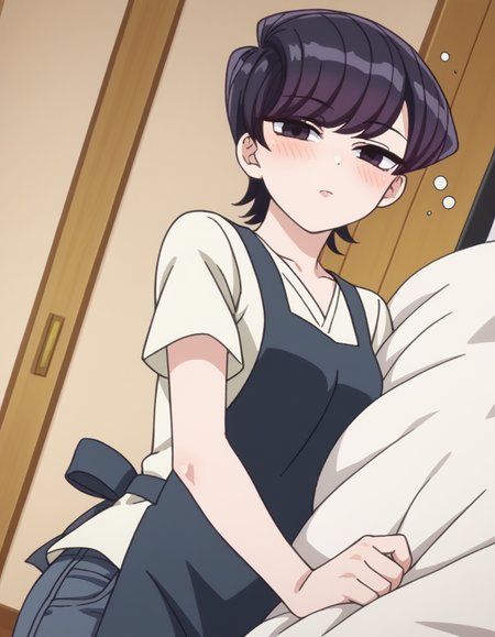 score_9, score_8_up, score_7_up, source_anime,
shuukokomi, <lora:shuuko-komi-s1s2-ponyxl-lora-nochekaiser:1>,
shuuko komi, short hair, black hair, black eyes, half-closed eyes,
shirt, white shirt, short sleeves, pants, apron, denim, jeans, blue apron,
indoors, bed, bed room, on side, blush, drunk,
looking at viewer, cowboy shot, dutch angle, solo,