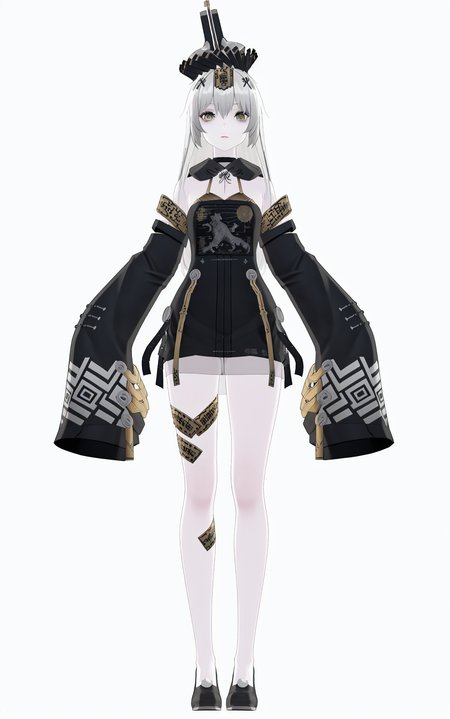 8k, best quality, masterpiece, (ultra-detailed), (high detailed skin), (by nanoless, by misumi \(macaroni\),:0.5), 
A full-body portrait of a young girl, standing gracefully, pastel art style, high-key lighting, shoujo manga influence, hd quality, delicate details, 
full body, full shot, standing, looking at viewer, (solo:1.2), simple background, white background, 
<lora:21XXI-sd-Tanger-000019:0.8>, 
21XXI, 2nd clothes, strange hat, black chinese clothes, 1girl, long hair, detached sleeves, dress, black footwear, pale skin, white hair, sleeves past wrists,