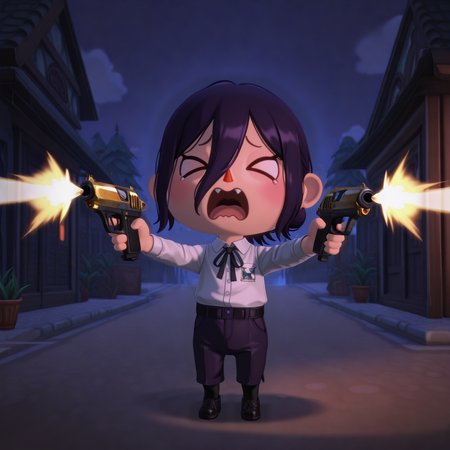 embedding:IllusP0s, animal crossing style, 3d, JBPis, firing gun, 1girl, dual wielding, akimbo, shooting pose, > <, mouth open, wavy mouth, screaming, reze_\(chainsaw_man\), scared, outdoors, night, solo,<lora:IL_Walther_PPK-000013.safetensors:1.0:1.0> <lora:animal crossing style_3d_ill.safetensors:1:1>
