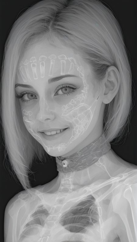 x-ray, xray, greyscale, vaporwave neon theme, photograph of a cute girl, byCharles Schridde, yamer_xray, monochrome, simple background, 1other, border, out of frame, black background, fingernails, 1girl, (ivory, Terragen but extremely beautiful:1.2), Futuristic style, sleek, modern, ultramodern, high tech, detailed, photography, detailed skin, insane smile, looking at viewer, colorful, high contrast, bandana, green eyes, <lora:Yamer_X-RAY-000001:1>
