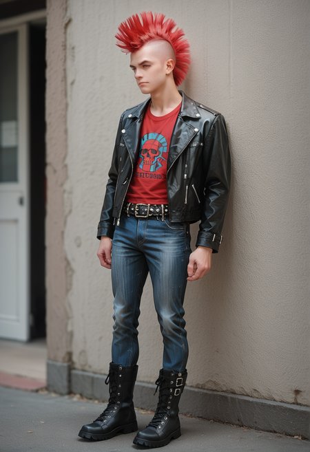 score_9, score_8_up, score_7_up, score_6_up, score_5_up, score_4_up,  1boy, hud_m0hawk, mohawk, very short hair, red hair, <lora:mohawk:0.7>, full body, leather jacket, jeans, belt, boots
