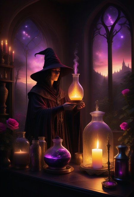 a wizard,brewing a potion in a reij-mg alchemist room, silhouette, ambient light, nature art, hexagonal , with awning embroidery, spring garden, Hurricane, Sketched, mosaic, Sepia filter, organic, detailed, deep rich colors, fine detail, luxury, cinematic, positive emotional, dark ambient light
