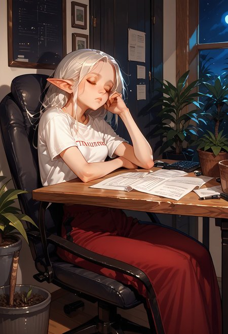 score_9, score_8_up, score_7_up, score_6_up, Frieren, elf ears,  , small breasts, t-shirt, working, exhausted, night, plants, table, chair, sleeping, palms on head