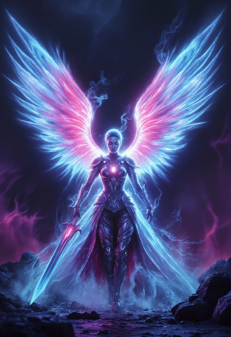 neonpunk style cinematic film still style of Rembrandt, close up portrait of A powerful, beautifull,  regal Asgardian warrior woman poses ready for battle sword in hand. she has glowing, ethereal wings arching from her back. The wings are large and feathered, radiating a mesmerizing glow that shifts from vibrant pink at the base to a soft blue at the edges, as if woven from pure energy. Each feather appears semi-transparent, catching and reflecting light with a crystalline effect, casting a magical aura around her. Her wings pulse gently with a mystical light, accentuating her fierce, otherworldly presence
Dressed in ornate, silver and purple Asgardian armor with intricate engravings, she confidently holds a mighty prismatic sword in one hand, against a dramatic, darkened landscape under a stormy sky, illuminated by flashes of lightning. The overall scene is majestic, with an aura of ancient power and celestial beauty
highly detailed
<lora:zavy-spctrlglw-fxl:0.7> zavy-spctrlglw, luminescent, spectral glow, iridescent, ethereal velvet_myst  <lora:aidmaGLOWV4wc:0.5> aidmaglow <lora:flux.1_lora_flyway_Epic-detail_v2:0.5>  <lora:aura_v2_beta2:0.6> auralora . shallow depth of field, vignette, highly detailed, high budget, bokeh, cinemascope, moody, epic, gorgeous, film grain, grainy . cyberpunk, vaporwave, neon, vibes, vibrant, stunningly beautiful, crisp, detailed, sleek, ultramodern, magenta highlights, dark purple shadows, high contrast, cinematic, ultra detailed, intricate, professional