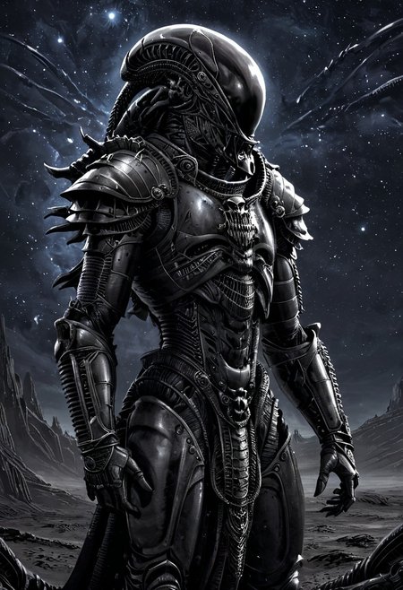 An insanely Detailed Divine Xenomorph, Golden and silver in color, a crimson tinge to the golden color, Hyperdetailed, Omnipresent, Beautiful, Sinister overtones, otherworldly,((masterpiece, best quality)), fantasy, solo, 1 alien knight, silver armor chestplate with silver medieval ornaments and runes, galactic night sky background, perfect composition, sidelighting, outdoor, in a duster standing alone in the desert, art by hr giger,