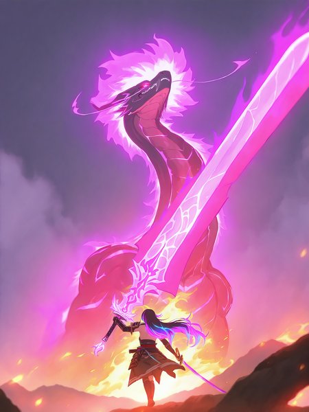 <lora:nai_ILL:0.8>,
theine, <lora:theobrobine-guy90-Illust-Lycorisv1:0.8>,
<lora:Glowing_Spot_Color_-_Illustrious:0.6>, glowing eyes, streaked hair, glowing inner hair, glowing streaks,
A close up cinematic shot of a female samurai wielding a sword with a glowing fire chinese dragon swirling around the blade, the blade is made of a glowing dragon, epic scenery. Focus on the katana, Dragon Samurai.