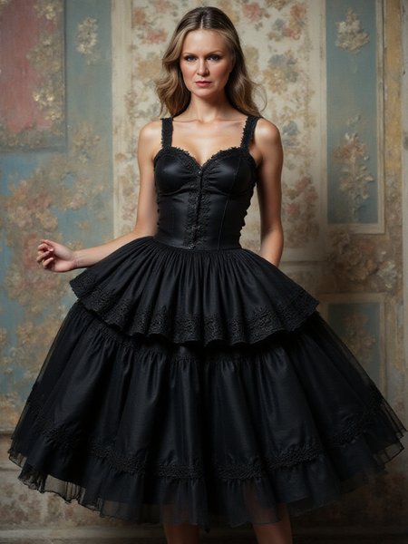 Long Cool Woman in a Black Dress, <lora:best_of_flux_v30_rank64_bf16:1>, <lora:FLUX_BOOBA:1>, <lora:aidmaBokeh:1>, bokehmachine, <lora:FLUX.1-DEV_-_Wild_1960s_Fashions_LoRA:1>, 1960s, fashion shoot, extravagant, colorful outfit, beautiful model, <lora:flux-black-petticoat:1>, Jed-Petct, black Petticoat, black top