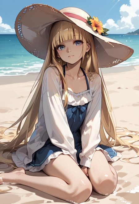 score_9, score_8_up, score_7_up, score_6_up, score_9, score_8_up, Sana Kashimura, 1girl, blonde hair, blunt bangs, sitting in sand, long hair, solo, very long hair, swimsuit, sun hat, beach background, sunset.