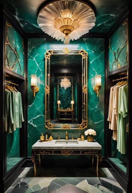 a cabaret singer's smoky dressing room within a crystal cavern; the cavern wall is a granite blend of obsidian, quartz, and jade. (The room is illuminated by a pair frosted-jade or soapstone sconces, inset into the wall on either side of a vanity mirror). Several beautiful and varied ao dai dresses hang from a clothing rack next to an ornate armoire. the neo-noir ambience combines a sense of intrigue with opulence.
