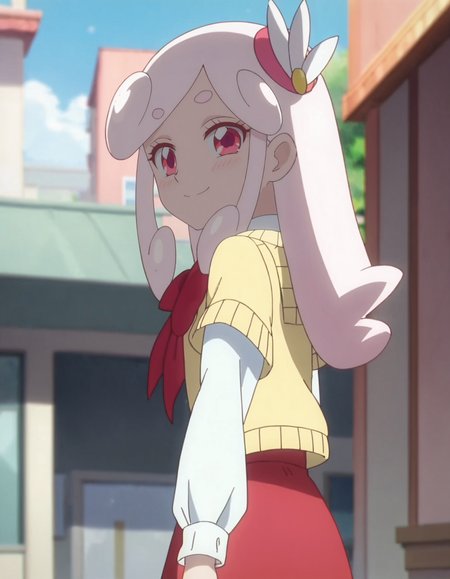 score_9, score_8_up, score_7_up, anime screencap, solo,1girl,kaguyahp, red skirt, yellow sweater,white sleeves,hair ornament,  bow, school uniform,looking at viewer,cowboy shot,small breasts,smile,blush,from behind<lora:kaguyahp_pony:0.8>