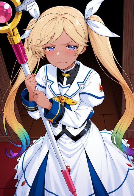 highres, best quality, masterpiece, indoors,
1girl, solo, io \(granblue fantasy\), twintails, rainbow hair, very long hair, blonde hair, gradient hair, dark-skinned female, 
takamachi nanoha \(cosplay\), takamachi_nanoha_(sacred_mode),
looking at viewer, blush, angry, wavy mouth, half-closed eyes, 
standing, holding staff,
 <lora:_onib-sty-elesico-ilxl-40:1>