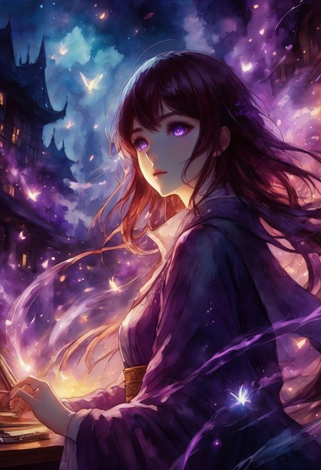 (mix of watercolor and oil painting, ukyio-e, anime artwork, anime style, studio anime, etheral, motion lines, glowing, Chiaroscuro, 1girl, woman, female focus, solo, adult female,mahogany Medium hair, purple eye, finger heart,wizard's study background,deep colors, vivid, colorful, fairy tale aethestics, magic, fireflies, cinematic composition, volumetric lighting,volumetric fogs, volumetric dusk, lots of volumetric smoke, cinematic composition, wide angle,hard shadow,celestial