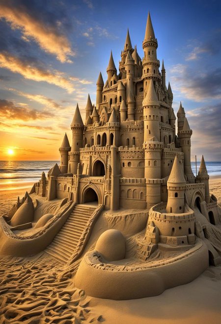 (masterpiece),
a unbelivable fortifeid sand castle, 
beach,
dim light, sunset,
ultra realistic, HDR, intricate details,